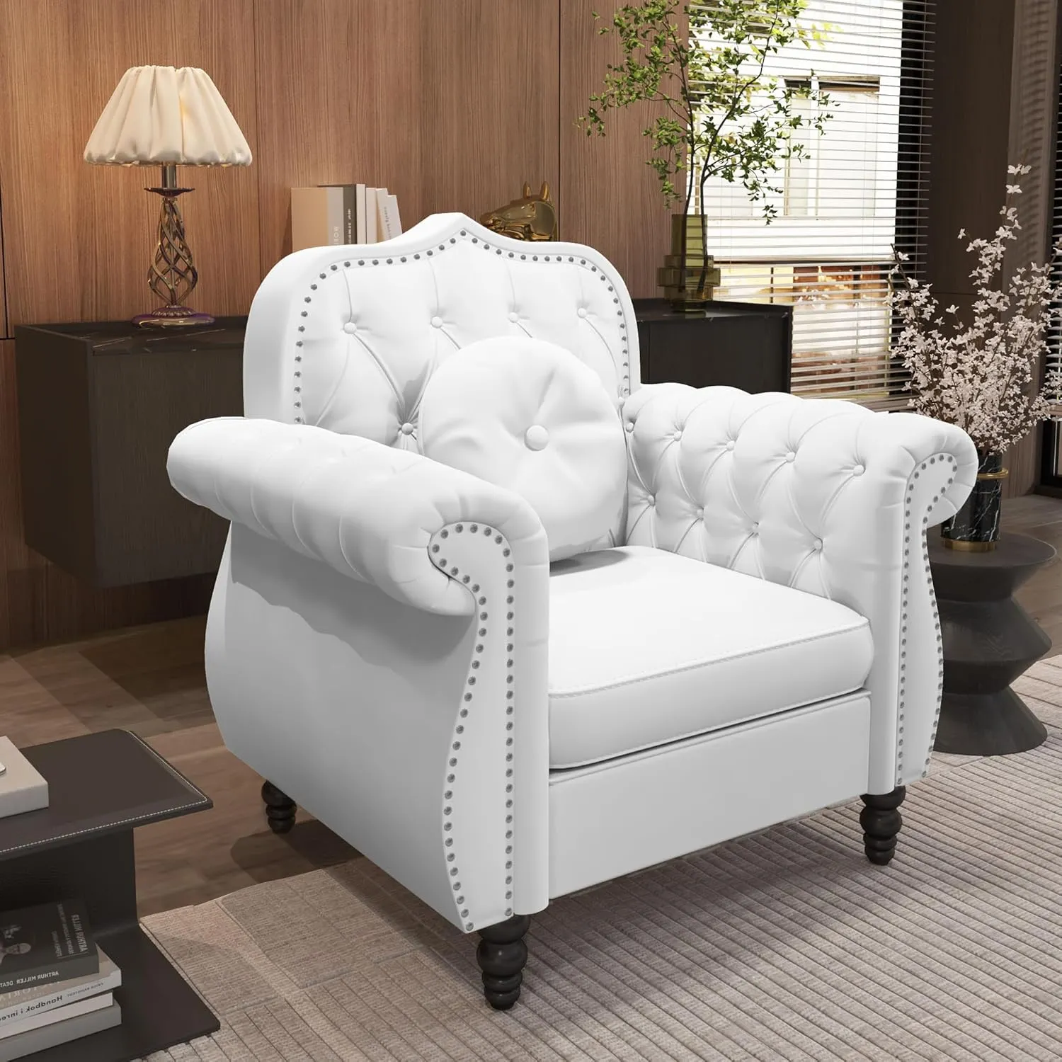 Accent Chair, Modern Chesterfield Velvet PU Living Room Armchair, Mid-Century Modern Single Sofa Chair Upholstered Tufted Arm Chair with Pillow for Living Room, Bedroom, Office (White)