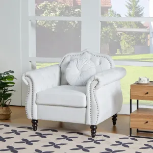 Accent Chair, Modern Chesterfield Velvet PU Living Room Armchair, Mid-Century Modern Single Sofa Chair Upholstered Tufted Arm Chair with Pillow for Living Room, Bedroom, Office (White)