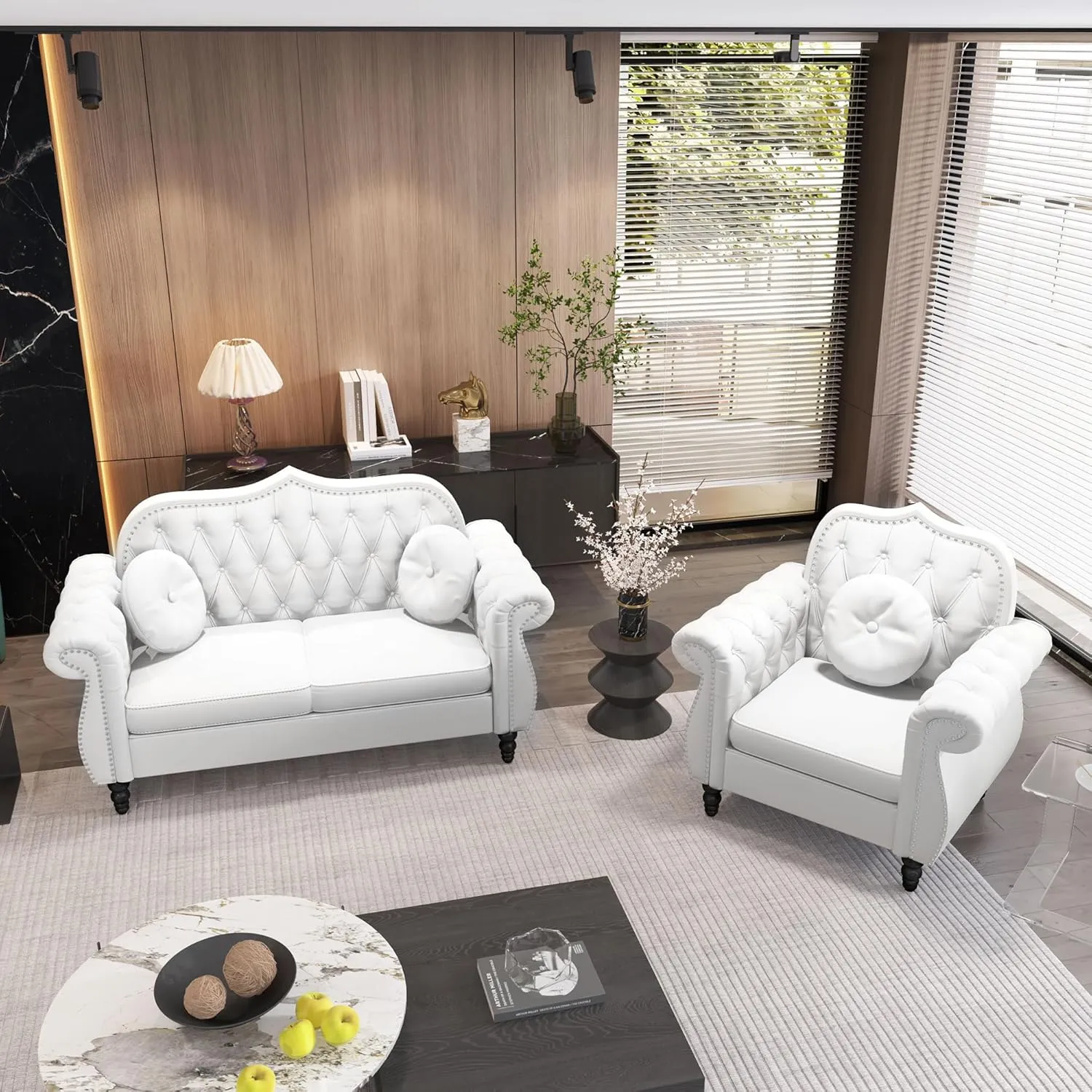 Accent Chair, Modern Chesterfield Velvet PU Living Room Armchair, Mid-Century Modern Single Sofa Chair Upholstered Tufted Arm Chair with Pillow for Living Room, Bedroom, Office (White)