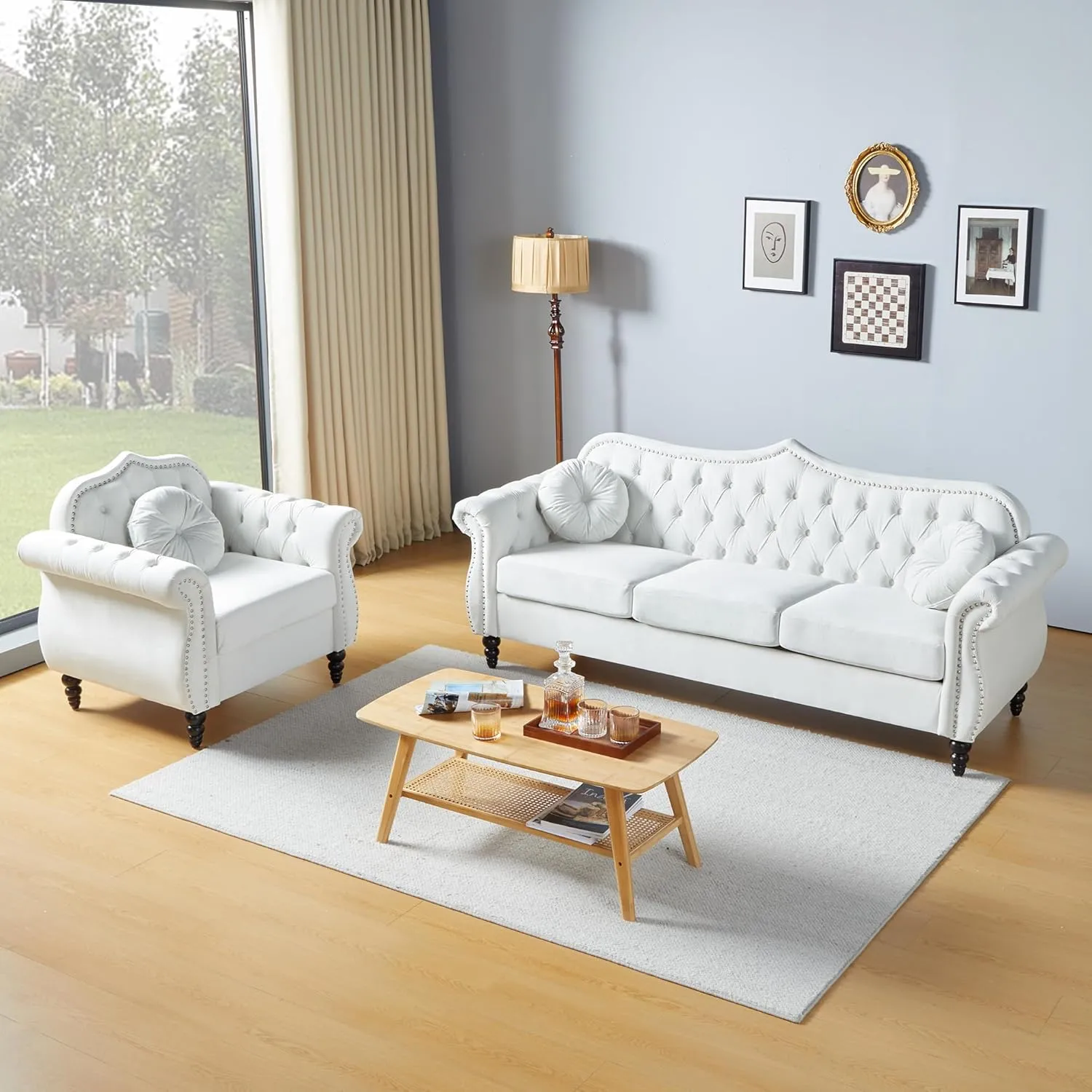 Accent Chair, Modern Chesterfield Velvet PU Living Room Armchair, Mid-Century Modern Single Sofa Chair Upholstered Tufted Arm Chair with Pillow for Living Room, Bedroom, Office (White)