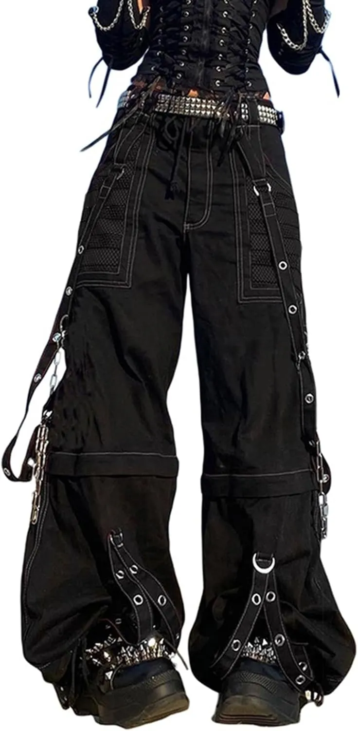 Adoeren Women Y2k Gothic Punk Pants Wide Leg Denim Jean Cargo Pants Harajuku Grunge Tripp Pants Retro Streetwear Trousers