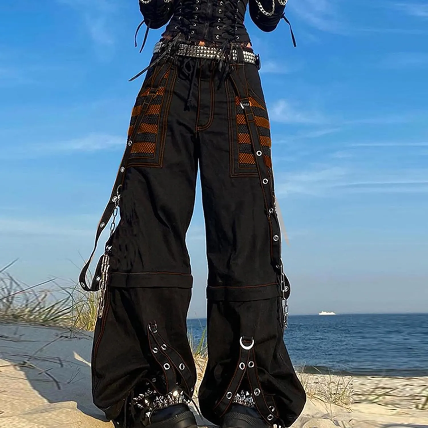 Adoeren Women Y2k Gothic Punk Pants Wide Leg Denim Jean Cargo Pants Harajuku Grunge Tripp Pants Retro Streetwear Trousers