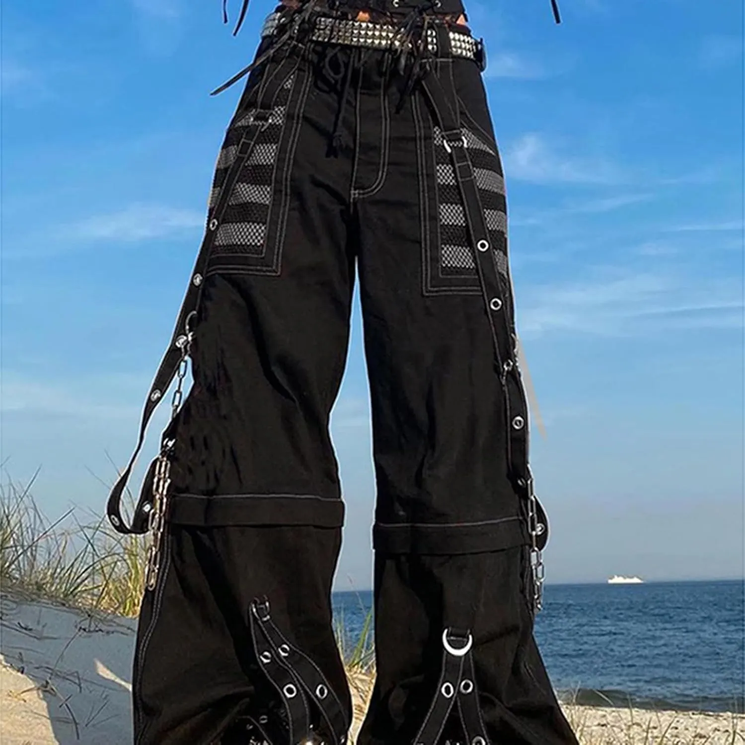 Adoeren Women Y2k Gothic Punk Pants Wide Leg Denim Jean Cargo Pants Harajuku Grunge Tripp Pants Retro Streetwear Trousers