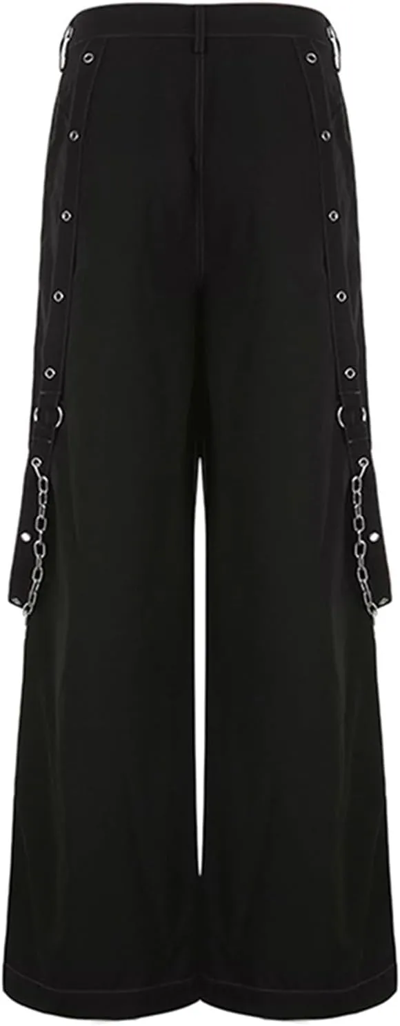 Adoeren Women Y2k Gothic Punk Pants Wide Leg Denim Jean Cargo Pants Harajuku Grunge Tripp Pants Retro Streetwear Trousers