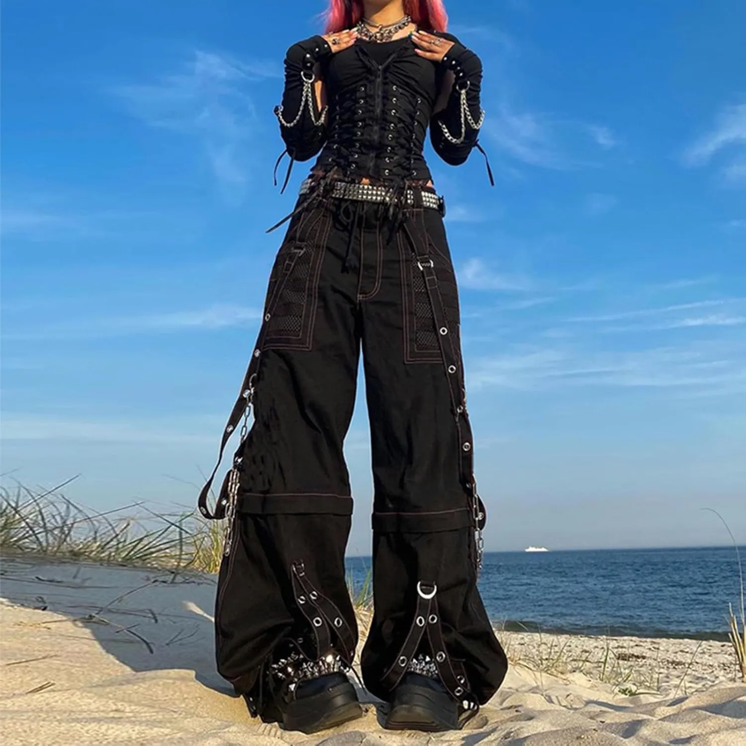 Adoeren Women Y2k Gothic Punk Pants Wide Leg Denim Jean Cargo Pants Harajuku Grunge Tripp Pants Retro Streetwear Trousers