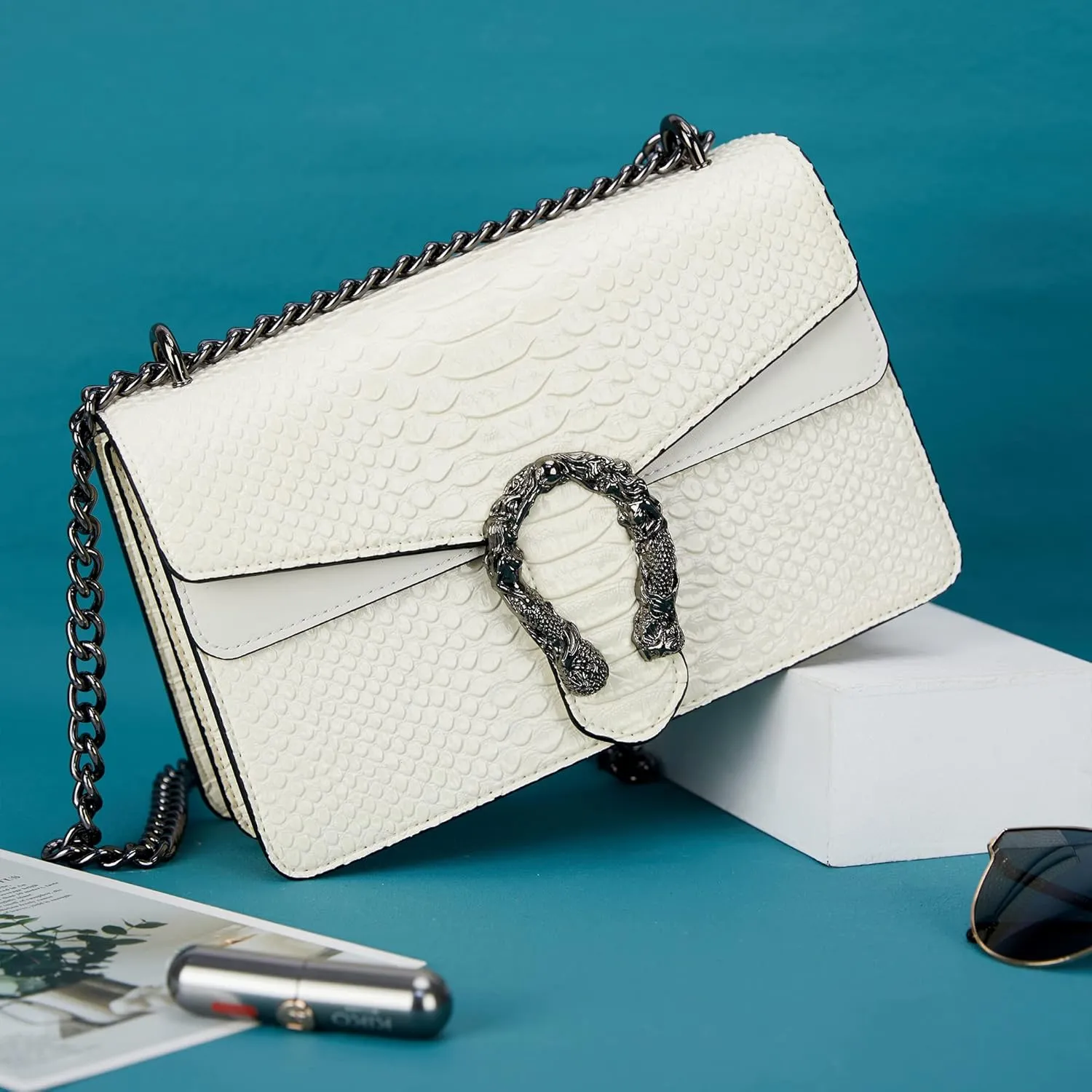 Aiqudou Crossbody Bag and Satchel Purse for Women - Fashion Snake Print Chain Purse Luxury PU Leather HandBag