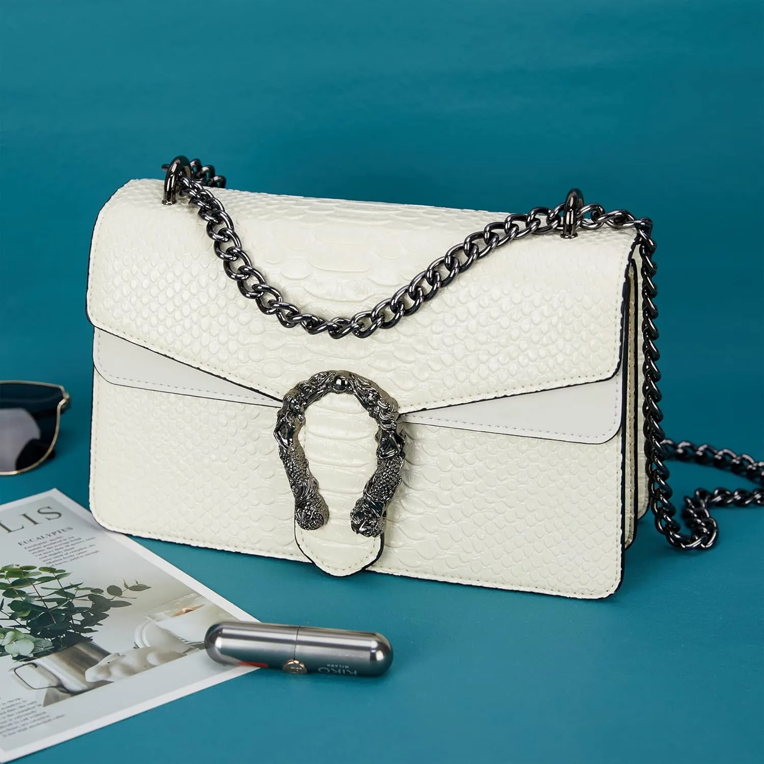Aiqudou Crossbody Bag and Satchel Purse for Women - Fashion Snake Print Chain Purse Luxury PU Leather HandBag