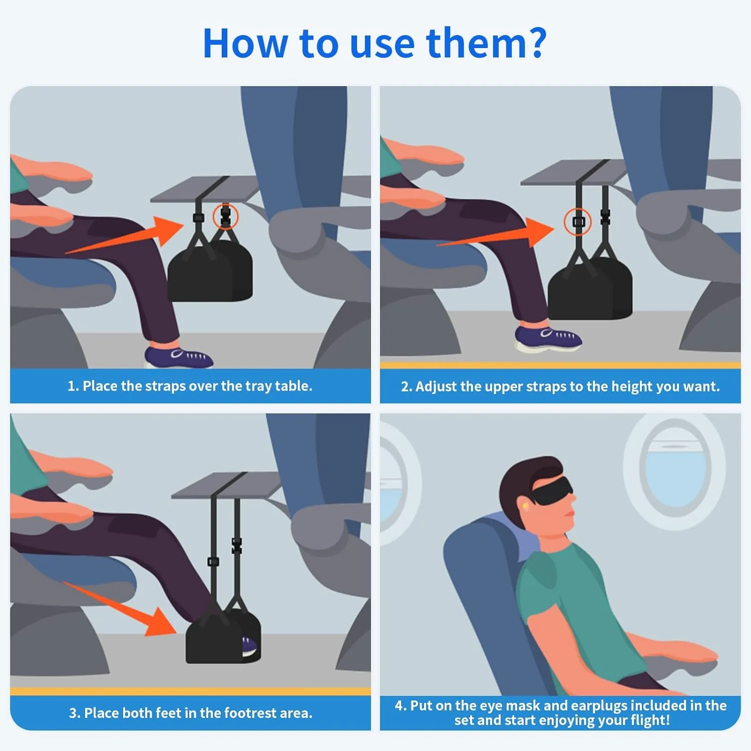 Airplane Foot Hammock, Foot Rest for Under Desk at Work, Length Adjustable Airplane Foot Rest, Travel Essentials with Eye Mask and Earplugs, Desk Foot Hammock to Relax Your Feet(3 Sets)