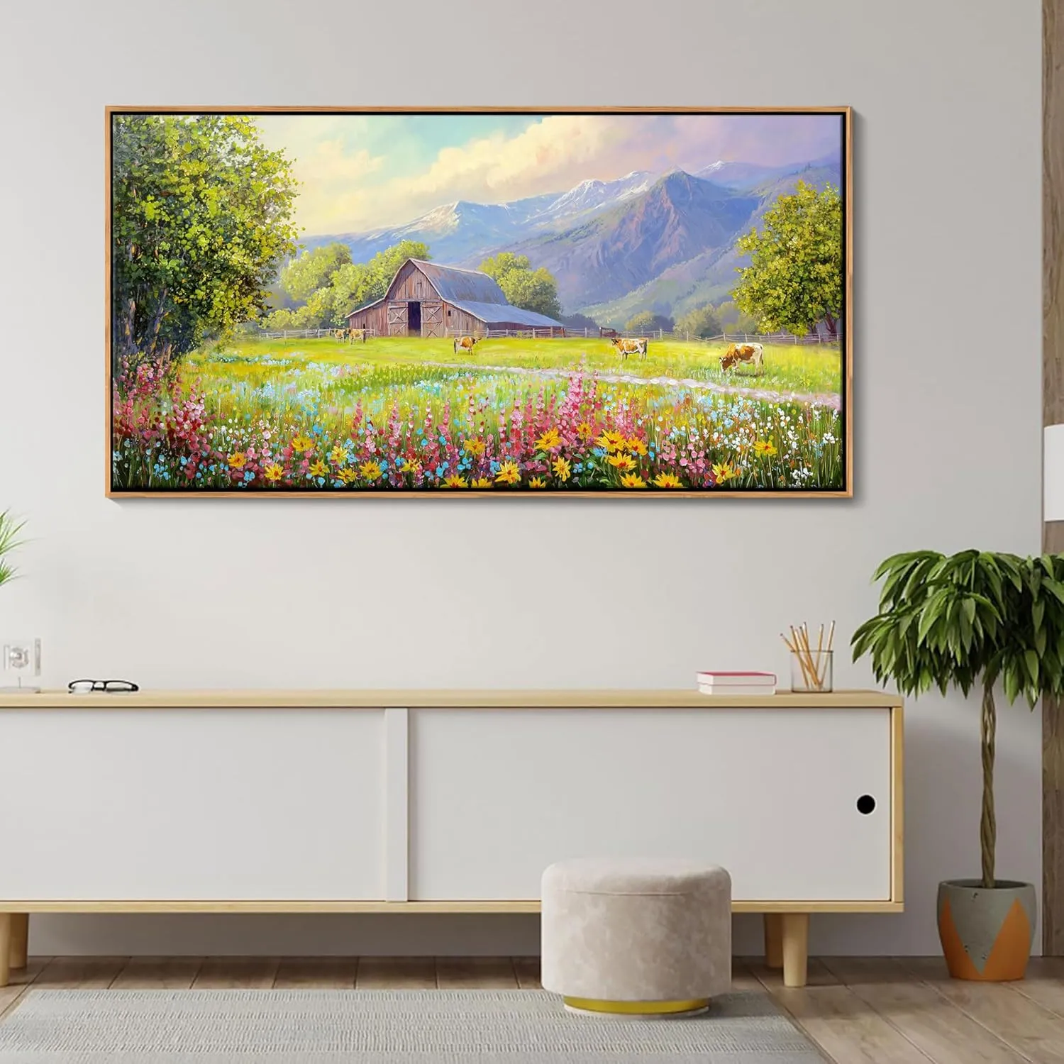 AJAZIKO Rustic Mountain Wall Art - Farmhouse Landscape Wall Decor with Highland Cow & Floral Art - Nature & Country Artwork for Living Room, Bedroom & Walls - Framed Flower Pictures for Home 20x40IN