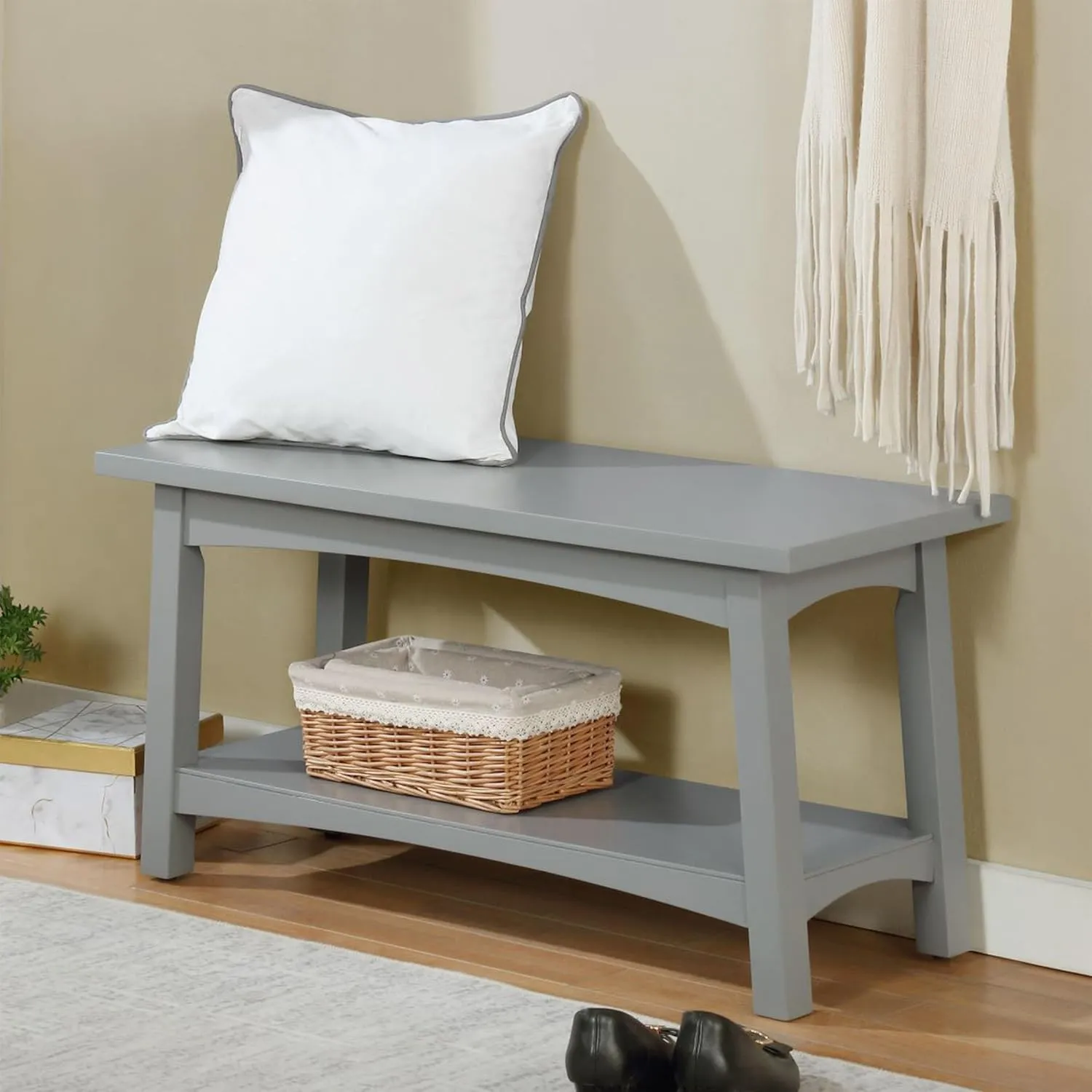 Alaterre Furniture Craftsbury 36 in. Wide Entryway Bench with Shelf, Dove Gray, Wood Accent Bench Seating for 2, Store Shoes & Bags, Perfect for Entryway, Dining or Living Room Furniture