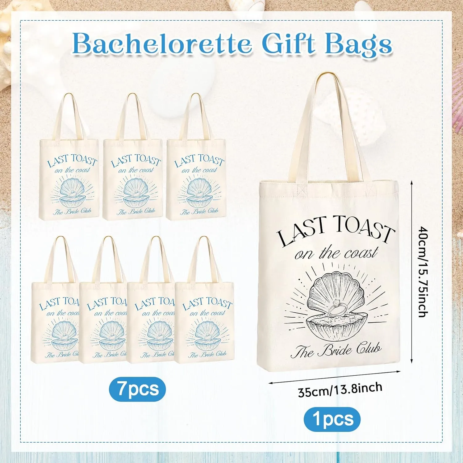 Aliceset 8 Pieces Bridesmaid Tote Bags Reusable Canvas for Bachelorette Bridesmaid Gift Bags Bridal Shower Tote(Black,Blue,Last Toast on the Coast)
