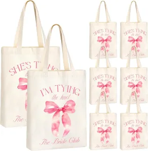 Aliceset 8 Pieces Bridesmaid Tote Bags Reusable Canvas for Bachelorette Bridesmaid Gift Bags Bridal Shower Tote(Pink,tying the knot)