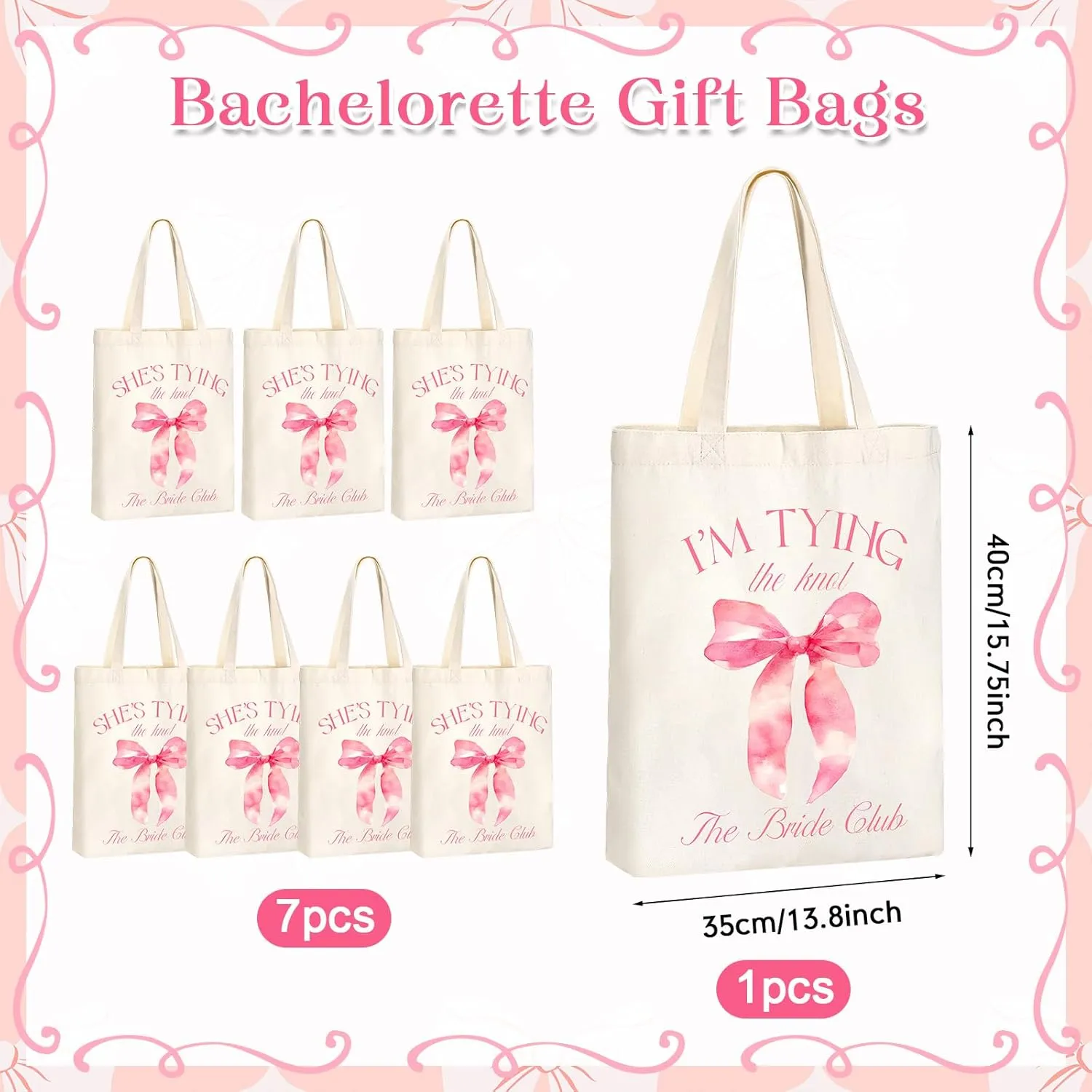 Aliceset 8 Pieces Bridesmaid Tote Bags Reusable Canvas for Bachelorette Bridesmaid Gift Bags Bridal Shower Tote(Pink,tying the knot)