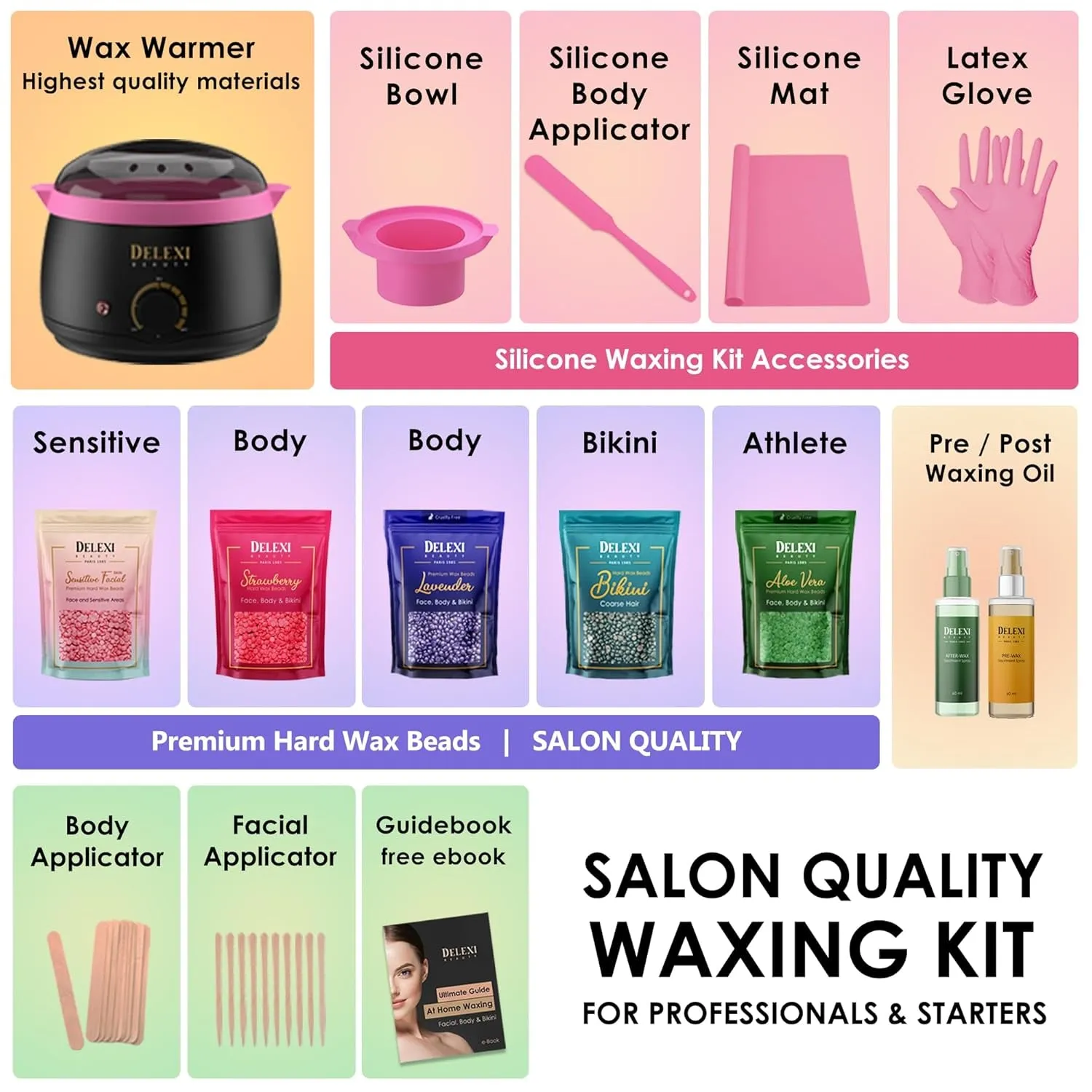 All-In-One Waxing Kit for Women  5 Pack Salon Quality Wax for Full Body Hair Removal - Ideal for Bikini, Brazilian, Underarms, Legs, Eyebrows, Chest, Back, and Mustache | for Sensitive Skin