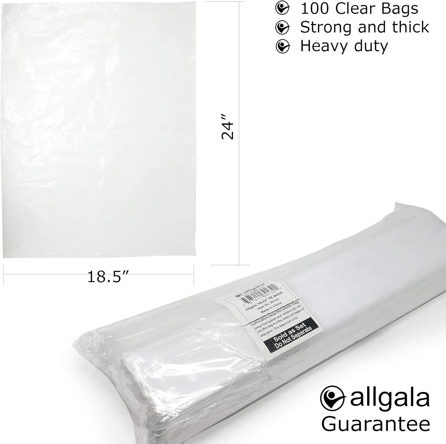 Allgala Heavy Duty PE Thick 3 mil Open-End Plastic Packaging Bags/Clear - 18x24-100 Bag