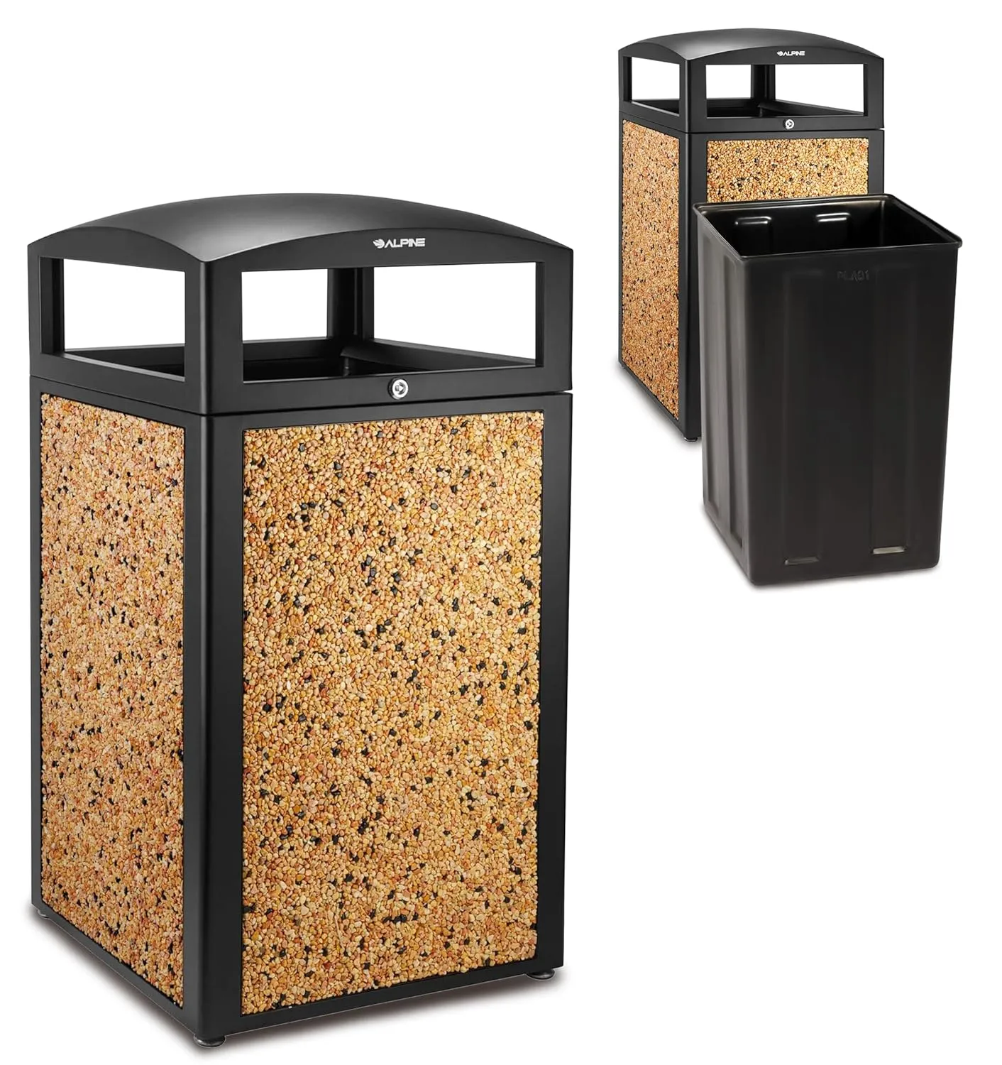 Alpine Outdoor Commercial Trash Can with Lid - 40 Gallon Heavy Duty Metal Garbage Can with Removable Bin, Locking Lid for a Modern Look in Park, Mall & High Traffic Areas - Black & Brown Stone Panels