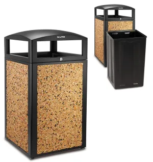 Alpine Outdoor Commercial Trash Can with Lid - 40 Gallon Heavy Duty Metal Garbage Can with Removable Bin, Locking Lid for a Modern Look in Park, Mall & High Traffic Areas - Black & Brown Stone Panels