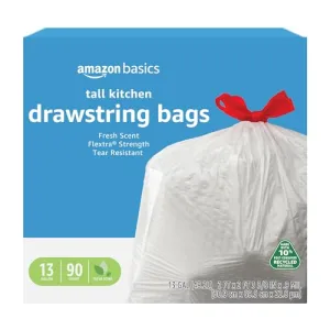 Amazon Basics 13 Gallon Flextra Strength Tall Kitchen Drawstring Trash Bags, Tear Resistant, 10% Post Consumer Recycled, 90….