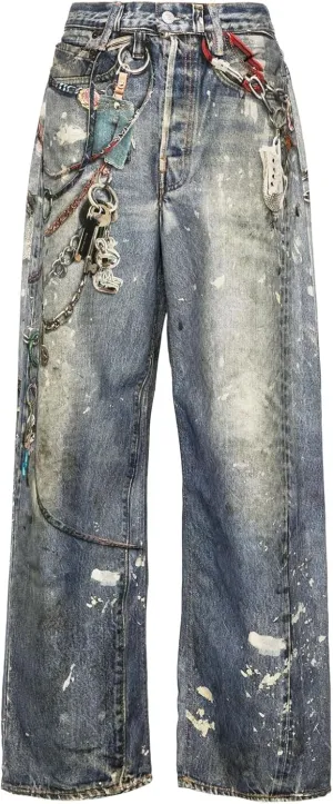 Angsuttc Women's Pants Faux Denim Printed Wide Leg Pant Baggy Elastic Waist Fake Jean 3D Digital Print Pant