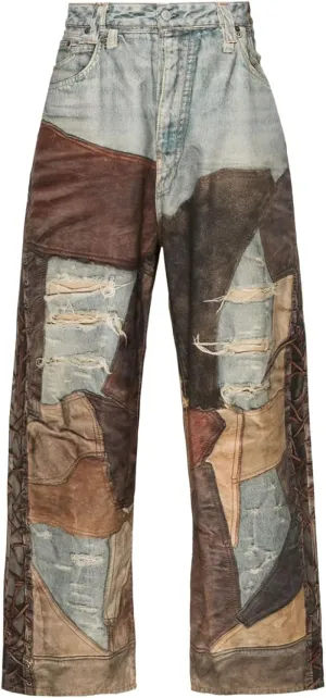 Angsuttc Women's Pants Faux Denim Printed Wide Leg Pant Baggy Elastic Waist Fake Jean 3D Digital Print Pant
