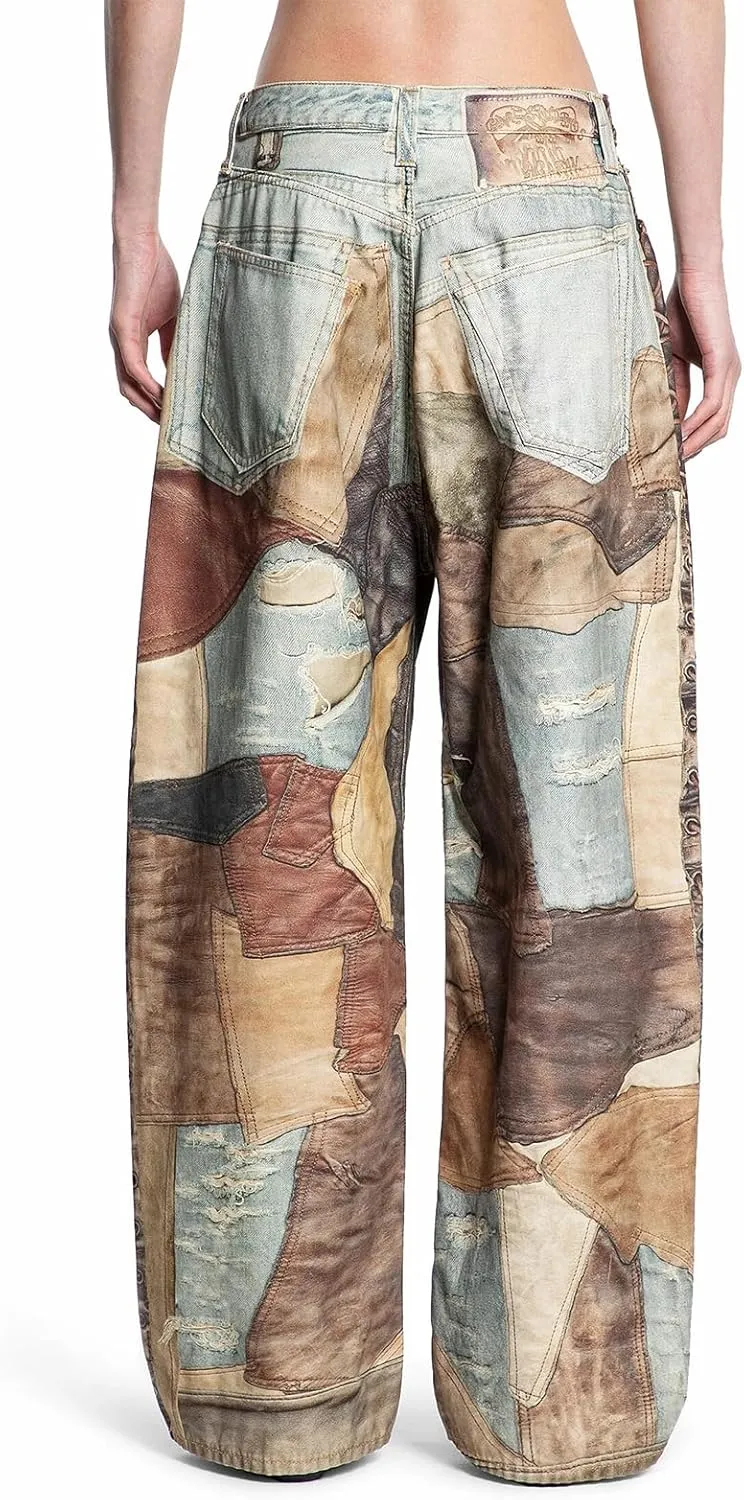 Angsuttc Women's Pants Faux Denim Printed Wide Leg Pant Baggy Elastic Waist Fake Jean 3D Digital Print Pant
