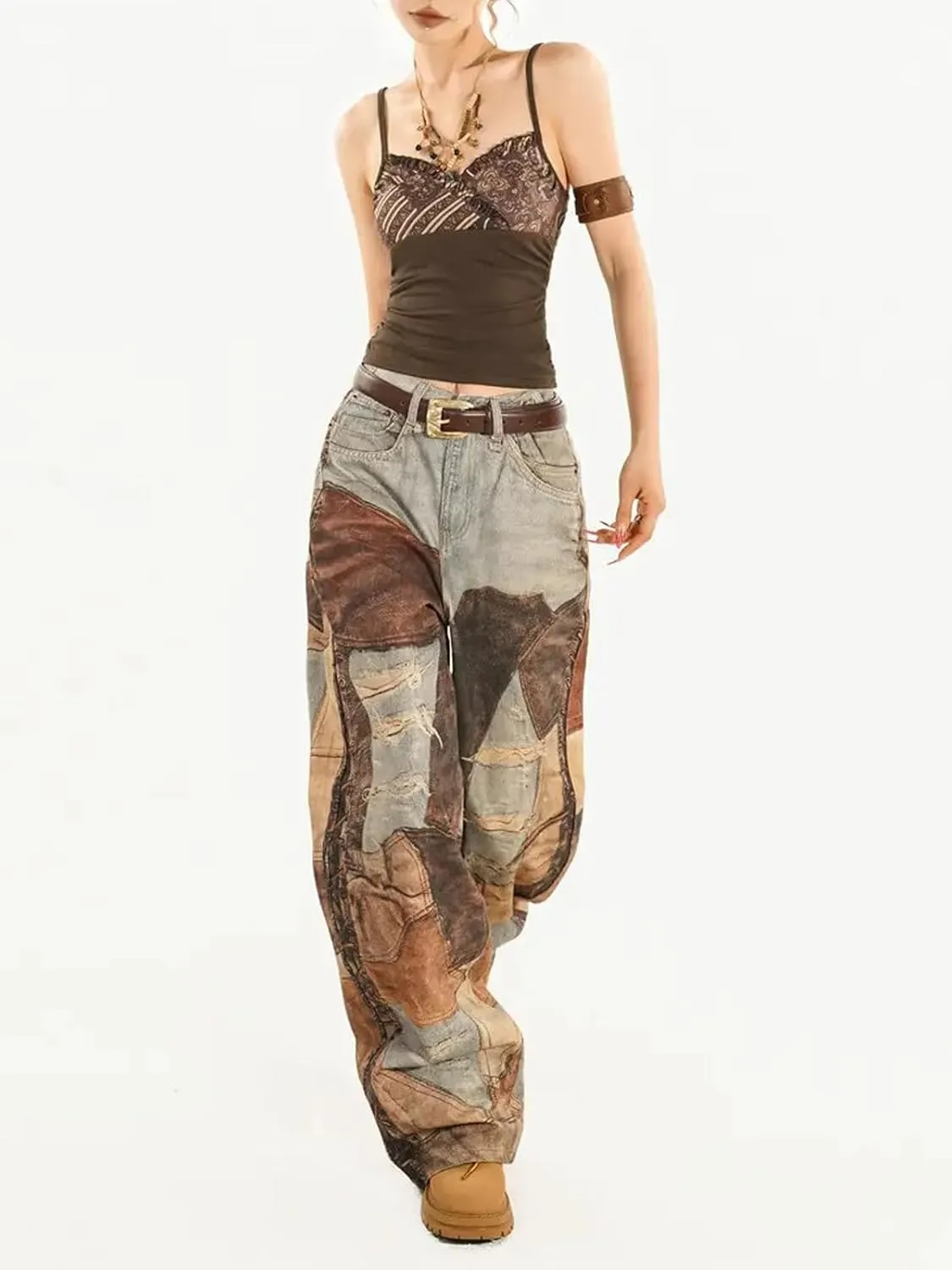 Angsuttc Women's Pants Faux Denim Printed Wide Leg Pant Baggy Elastic Waist Fake Jean 3D Digital Print Pant