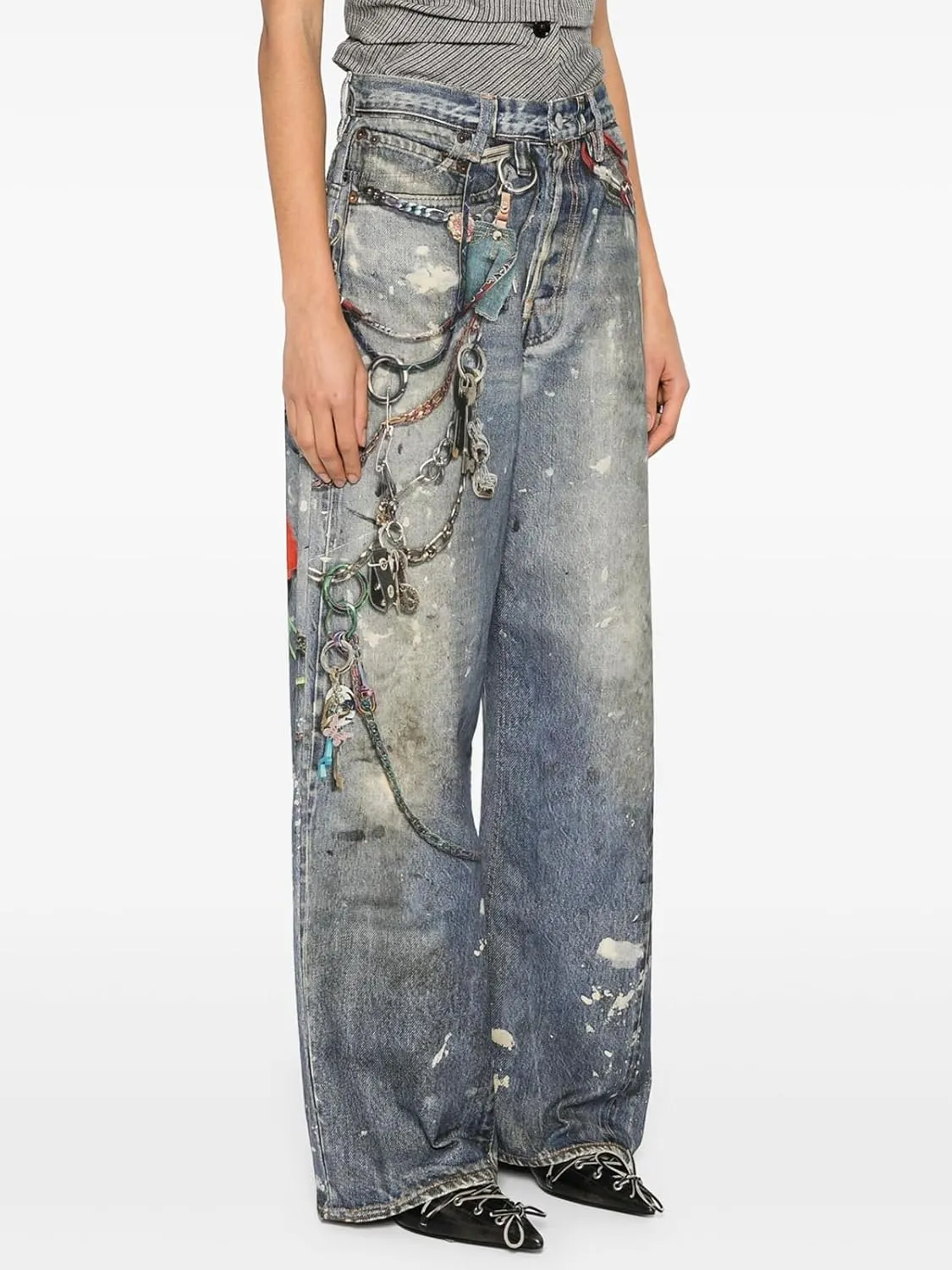 Angsuttc Women's Pants Faux Denim Printed Wide Leg Pant Baggy Elastic Waist Fake Jean 3D Digital Print Pant