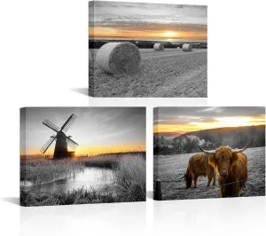 AoArtWZ Farmhouse Canvas Wall Art Rustic Windmill Cornfield Landscape Rural Pictures Painting Cow Prints Artwork For Home Decor Framed (12“ x 16“ x 3pcs)
