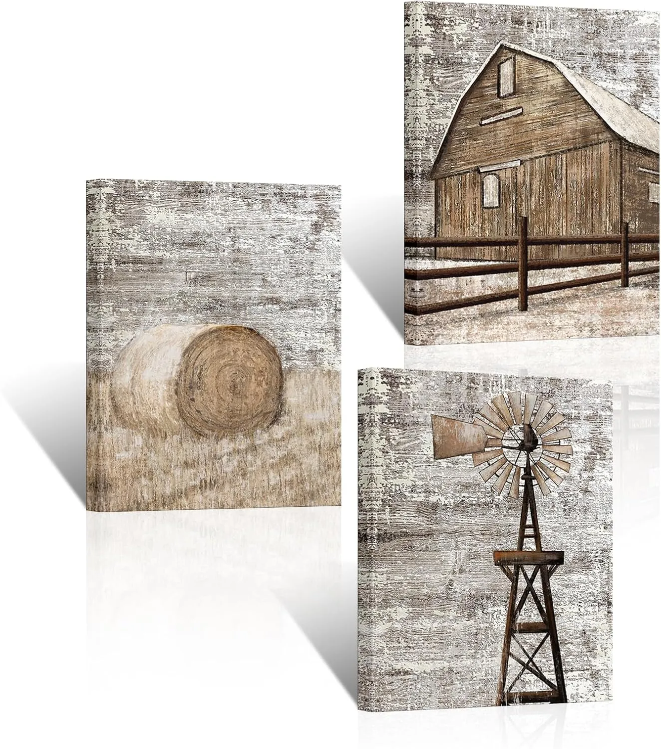Apicoture Country Farmhouse Wall Art Barn Corn Windmill Painting Framed Rustic Barn Pictures Countryside Landscape Canvas Prints Wall Decor 12"x16"x3 Pieces