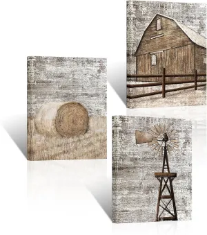 Apicoture Country Farmhouse Wall Art Barn Corn Windmill Painting Framed Rustic Barn Pictures Countryside Landscape Canvas Prints Wall Decor 12"x16"x3 Pieces