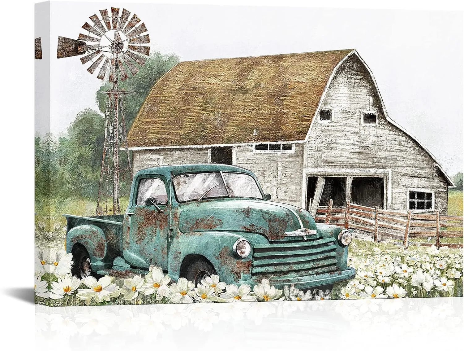 Apicoture Farmhouse Decor Wall Art Pictures- Old Barn Windmill Teal Car Canvas Arts Rustic Country Landscape Painting Picture Wall Decor Framed (Teal blue)