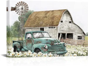 Apicoture Farmhouse Decor Wall Art Pictures- Old Barn Windmill Teal Car Canvas Arts Rustic Country Landscape Painting Picture Wall Decor Framed (Teal blue)