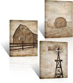 Apicoture Vintage Country Landscape Canvas Wall Art Rustic Barn Windmill Wall art Framed Countryside Farmhouse Paintings Wall Decor,12"x16"x3 Panels