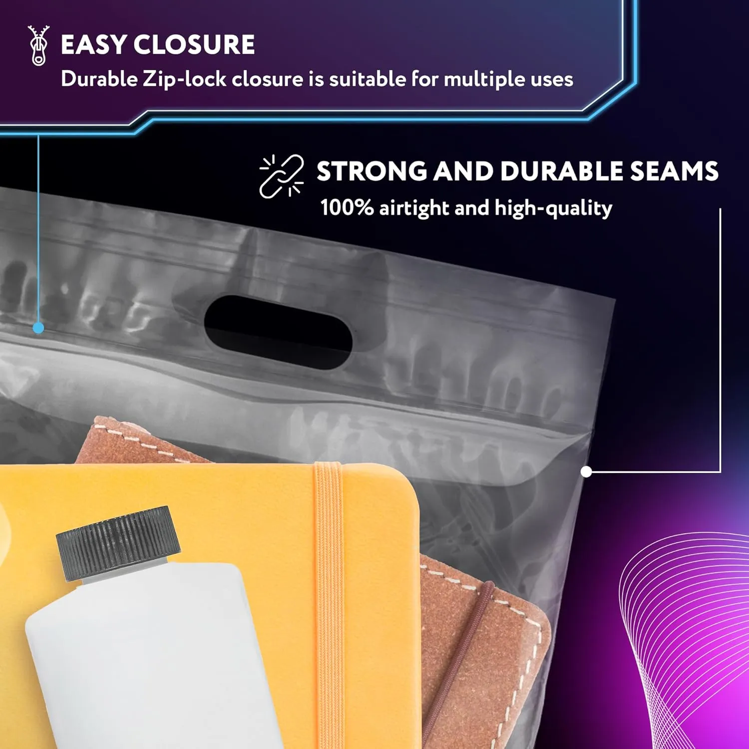 APQ Die Cut Zipper Bags, 13 x 15 Inches. Pack of 50 Clear Polyethylene Die Cut Handle Reclosable Zip Bags for Clothes, Tools. 3 Mil Thick Durable Reclosable Plastic Bags With Zipper Closure
