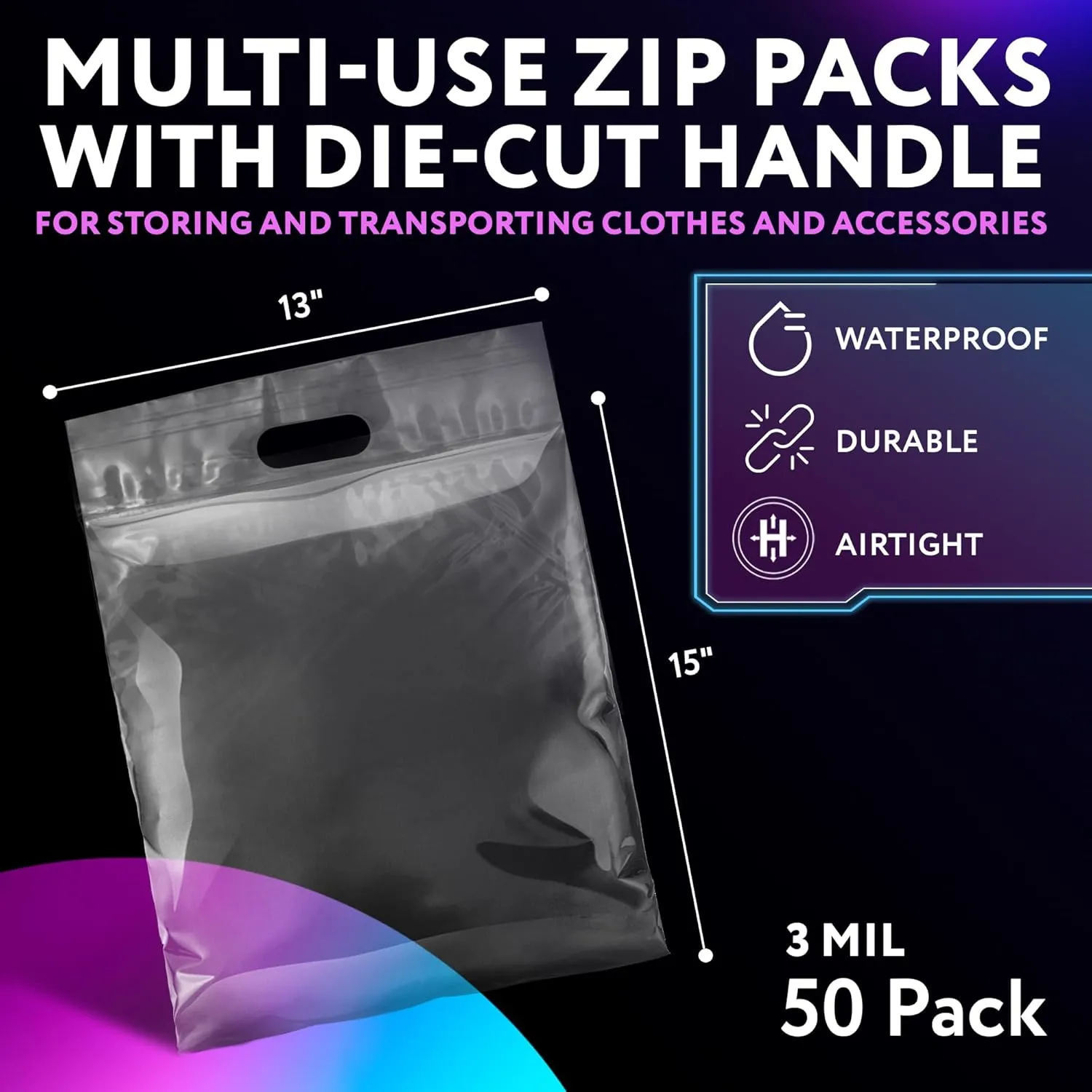 APQ Die Cut Zipper Bags, 13 x 15 Inches. Pack of 50 Clear Polyethylene Die Cut Handle Reclosable Zip Bags for Clothes, Tools. 3 Mil Thick Durable Reclosable Plastic Bags With Zipper Closure