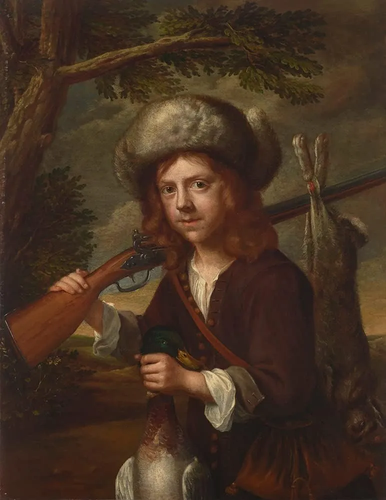 ArtDirect After Wallerant Vaillant 15x18 Gallery Wrapped Canvas Museum Art Print Titled: A Young Hunter, in a Fur Cap with a Rifle, Mallard and Hare