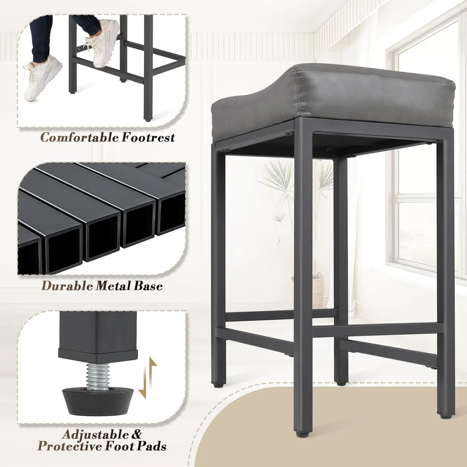Athena Collection Bar Stools Set of 2, 26 Inch Counter Height Barstools, Upholstered Modern Saddle Stool with Metal Frame, Bar Chair with Footrest for Kitchen Island, Home Bar, Grey