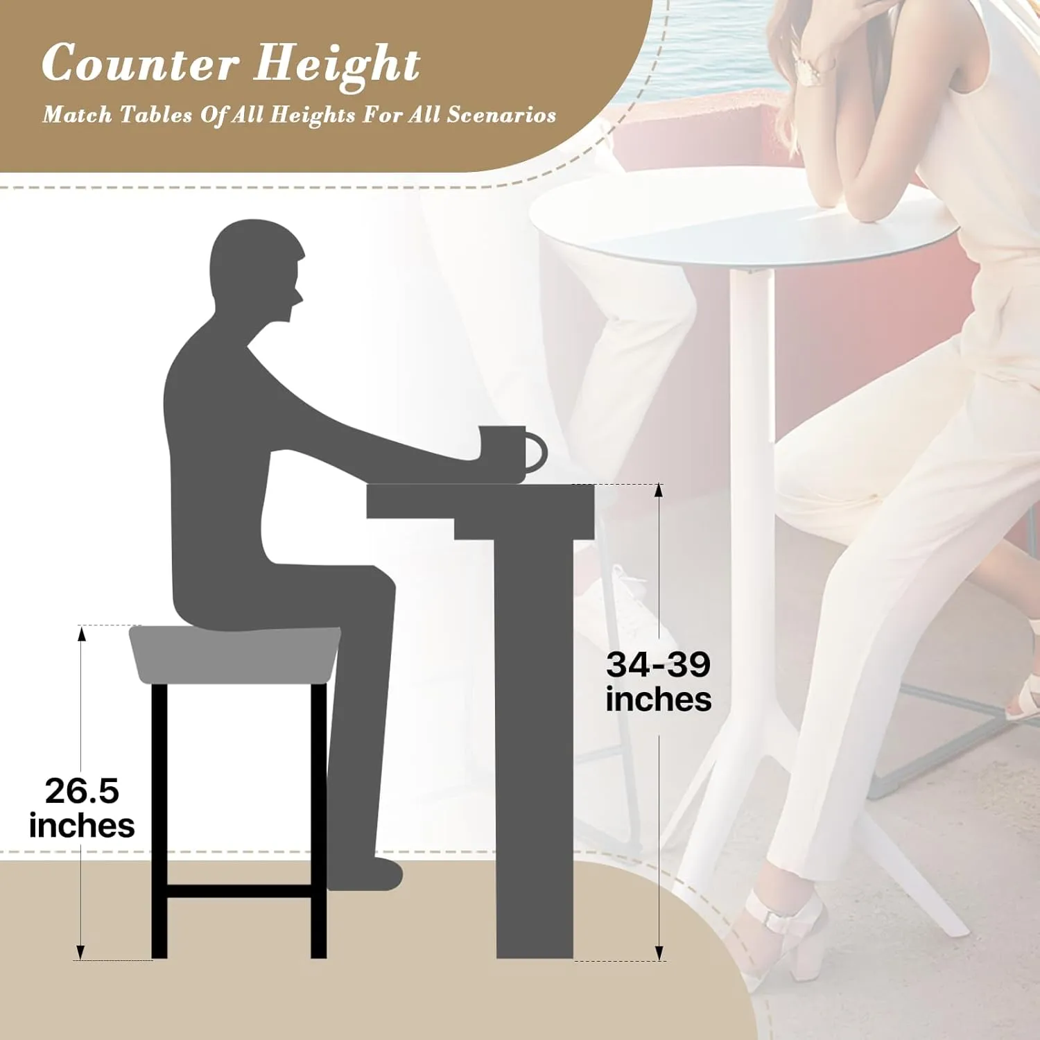Athena Collection Bar Stools Set of 2, 26 Inch Counter Height Barstools, Upholstered Modern Saddle Stool with Metal Frame, Bar Chair with Footrest for Kitchen Island, Home Bar, Grey