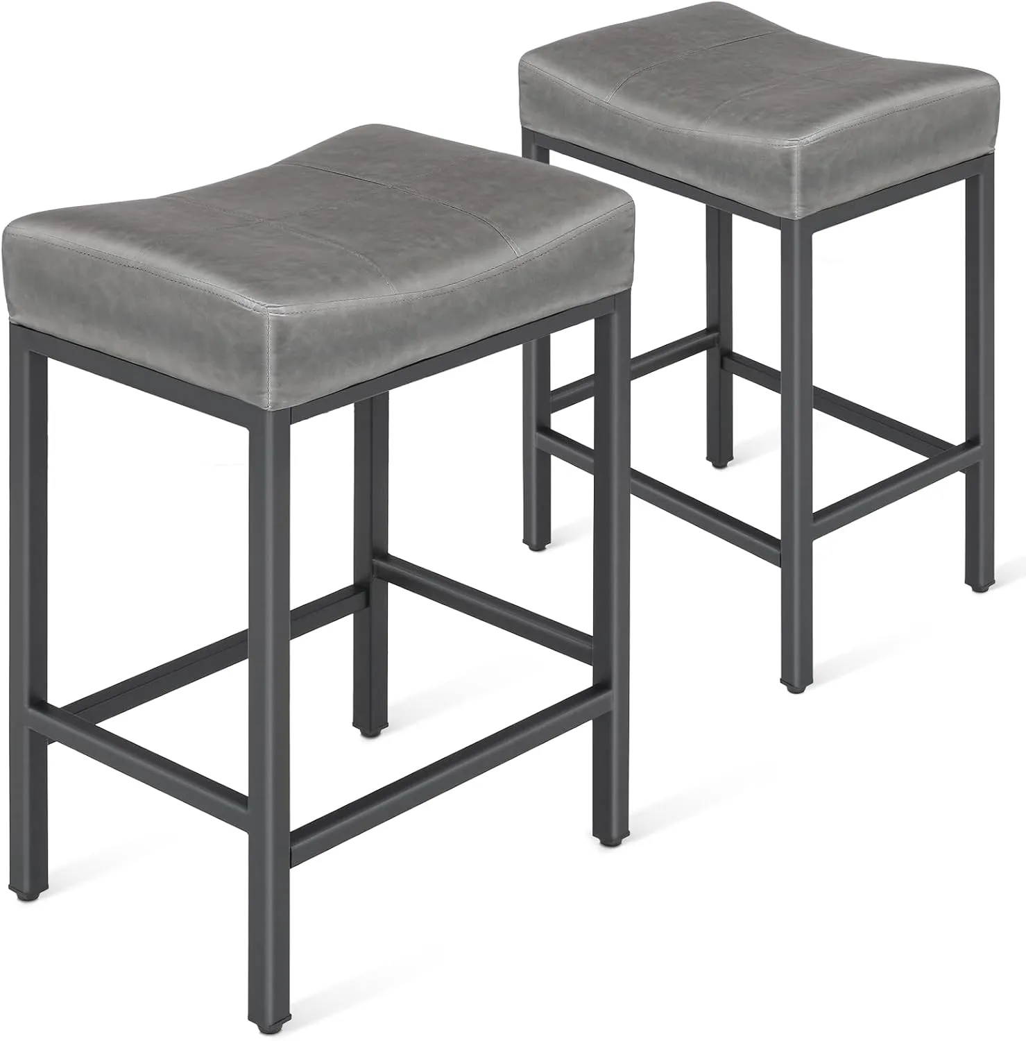 Athena Collection Bar Stools Set of 2, 26 Inch Counter Height Barstools, Upholstered Modern Saddle Stool with Metal Frame, Bar Chair with Footrest for Kitchen Island, Home Bar, Grey