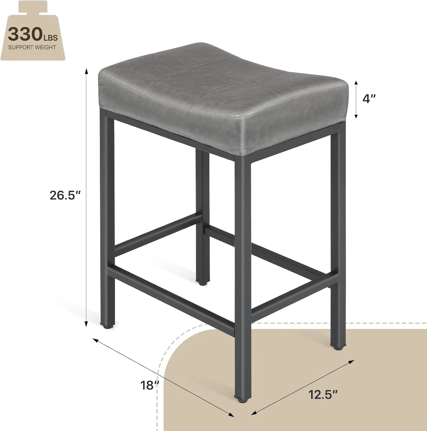 Athena Collection Bar Stools Set of 2, 26 Inch Counter Height Barstools, Upholstered Modern Saddle Stool with Metal Frame, Bar Chair with Footrest for Kitchen Island, Home Bar, Grey