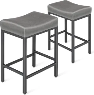 Athena Collection Bar Stools Set of 2, 26 Inch Counter Height Barstools, Upholstered Modern Saddle Stool with Metal Frame, Bar Chair with Footrest for Kitchen Island, Home Bar, Grey