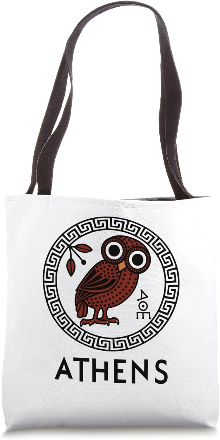 Athens, Greece with Athena Owl & Meander Pattern Tote Bag