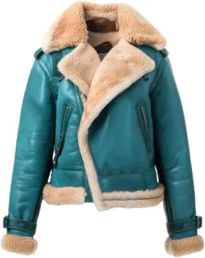 ATIKI Women’s Teal Blue Genuine Sheepskin Sherpa Shearling Faux Fur Collar Warm Soft Asymmetric Zip-up Biker Aviator Leather Jacket