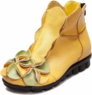 AUNTHUI Women's Leather Fleece Hand-Stitched Wedge Bohemian Flower Ankle Boots,Back Zipper Warm Non-Slip Retro Casual Shoes