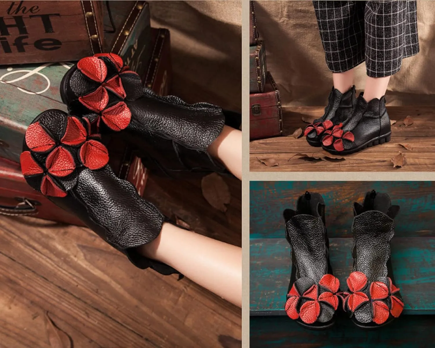 AUNTHUI Women's Leather Fleece Hand-Stitched Wedge Bohemian Flower Ankle Boots,Back Zipper Warm Non-Slip Retro Casual Shoes