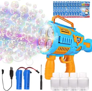 Automatic Bubble Machine Gun Rechargeable Bubble Gun for Kids with 4 Bottles 10 Bags of Refill Solution Lights Electric Rocket Bubble Blaster Toys Outdoor Toys Gifts Wedding Easter Party Favor