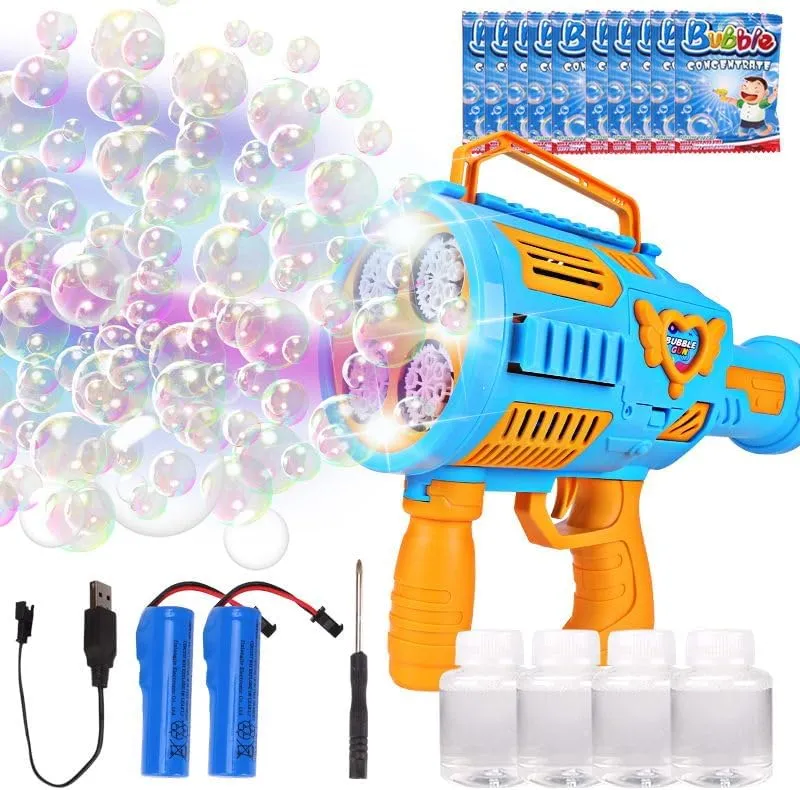 Automatic Bubble Machine Gun Rechargeable Bubble Gun for Kids with 4 Bottles 10 Bags of Refill Solution Lights Electric Rocket Bubble Blaster Toys Outdoor Toys Gifts Wedding Easter Party Favor