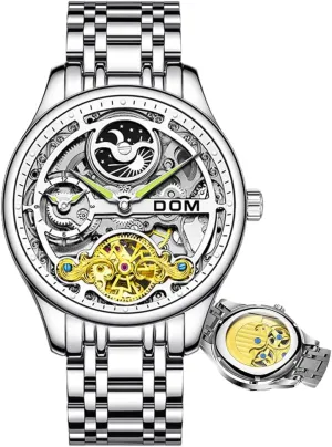 Automatic Mechanical Watch Sense Fashion Business Casual Hollow Skeleton Design Waterproof of Moonphase Clock Steel Band Wrist Watches
