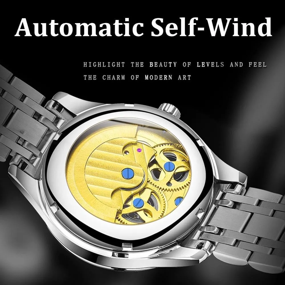 Automatic Mechanical Watch Sense Fashion Business Casual Hollow Skeleton Design Waterproof of Moonphase Clock Steel Band Wrist Watches