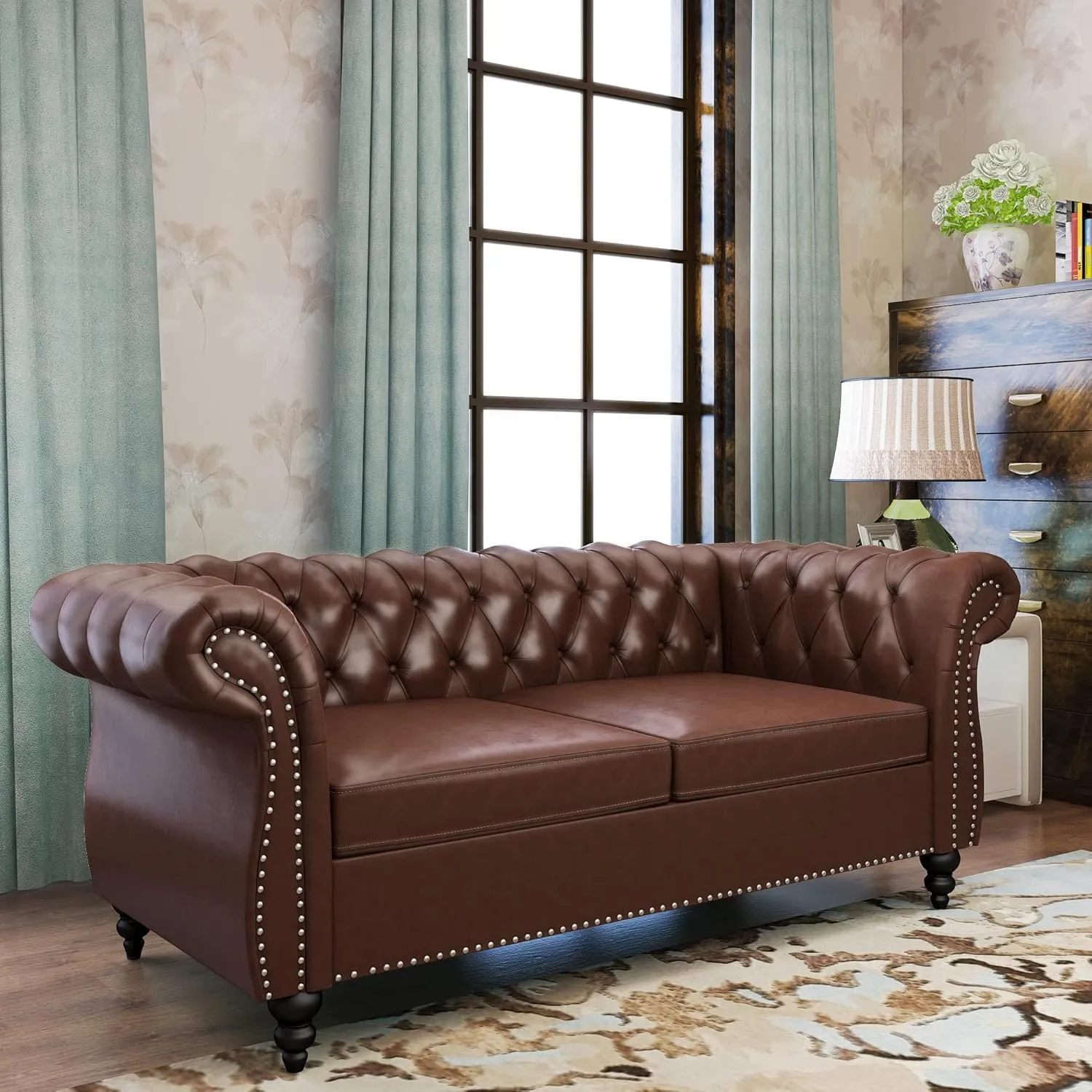 AVZEAR Chesterfield Loveseat Sofa, Upholstered Sofa Modern 2 Seater Couch Sofa Set Style Button Tufted, Mid-Century PU Chesterfield Sofa for Living Room Apartment, PU Brown